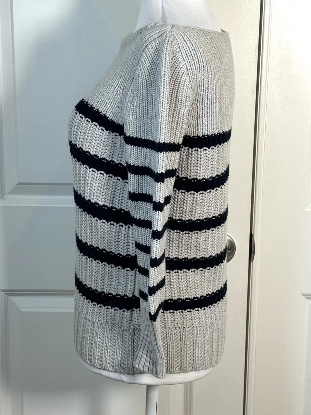J.Crew Boatneck Sweater XS Light Gray Navy Stripe Cotton Chunky Knit Coastal